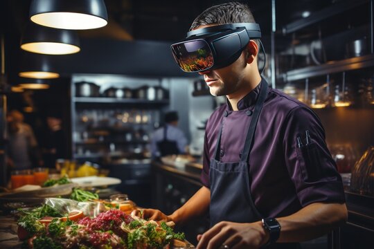 Chef simulation with virtual reality headset in the kitchen, Generate with Ai