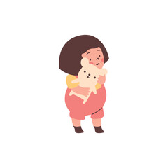 Cute little girl hugging teddy bear, flat vector illustration isolated on white background.