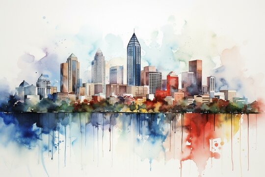 Watercolor art print featuring Atlanta skyline. Generative AI