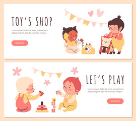 Cute babies sitting collect pyramid of ring, cubes with alphabet, play toy phone, stroller with teddy bear vector flyers