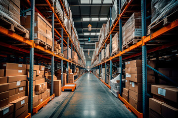 A large warehouse with rows of shelves with boxes, logistics concept