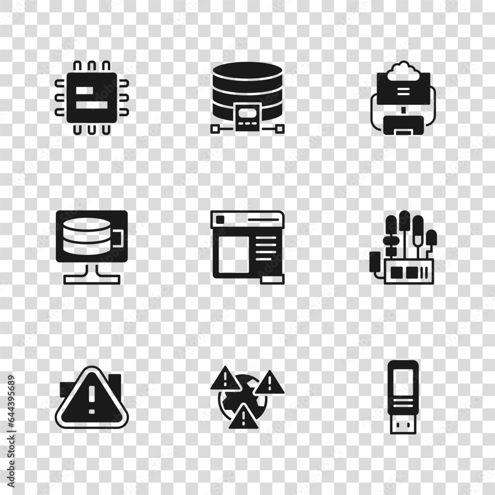 Poster set earth with exclamation mark, mechanical robot hand, usb flash drive, browser window, cloud datab
