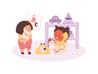 Cute babies play toys at home or kindergarten flat vector illustration isolated.