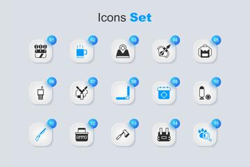 Set Bulletproof vest, Slingshot, Coffee cup, Hunting gun, Paw search, Quiver with arrows and Trap hunting icon. Vector