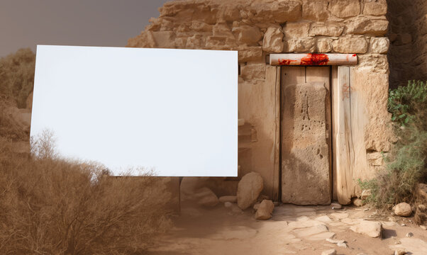 Ancient hebrew house set in Egypt with the passover mark on door frame with white banner for copy.