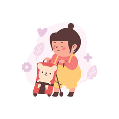 Baby carrying a stroller with toy teddy bear flat vector illustration isolated.