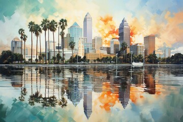 Palm-fringed Tampa skyline mirrored in water. Generative AI