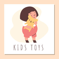 Poster or card of kids toys for toy store flat vector illustration isolated.