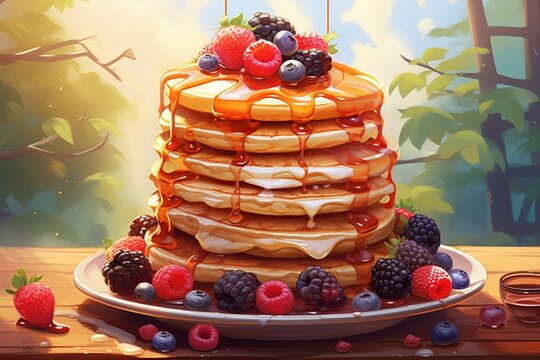Artwork featuring a mouthwatering tower of pancakes topped with berries and syrup. Generative AI