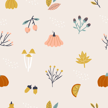 Autumn seamless pattern with different leaves, plants and pumpkins