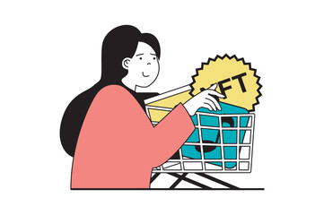NFT token concept with people scene in flat web design. Woman investing crypto money and making online purchases of digital artworks. Vector illustration for social media banner, marketing material.