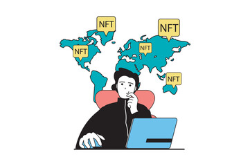 NFT token concept with people scene in flat web design. Man searching digital artworks at global marketplace, investing crypto money. Vector illustration for social media banner, marketing material.