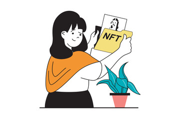 NFT token concept with people scene in flat web design. Woman artist selling digital picture at marketplace and earning cryptocurrency. Vector illustration for social media banner, marketing material.