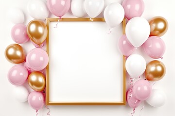 Pink and white balloons around a golden frame on a white background