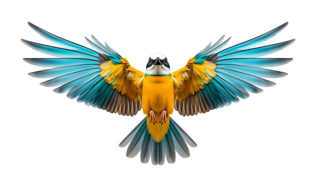 blue and yellow bird flying isolated on transparent background cutout