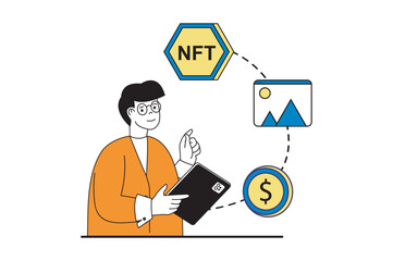NFT token concept with people scene in flat web design. Man buying digital picture masterpiece and investing money and cryptocurrency. Vector illustration for social media banner, marketing material.