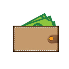 vector brown wallet with green paper dollars money isolated on white background. finance mobile app or mobile banking icon, label and sign design template. Wallet with money top view
