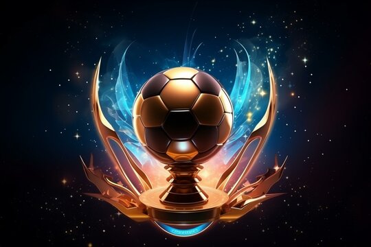 Abstract football ball with glowing shape, space background, glitter effect, and trophy cup. 3D sports symbol illustration. Generative AI