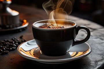 Cup of steaming hot coffee on wooden table and scattered coffee beans