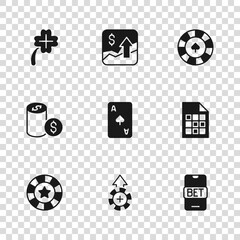 Set Casino chips, Lottery ticket, Online sports betting, Playing card with spades symbol, slot machine clover, Financial growth increase and dollar icon. Vector