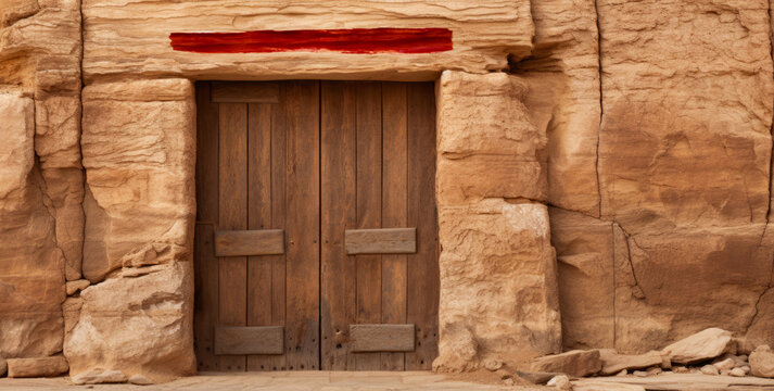 Ancient hebrew house set in Egypt depicting the passover mark on door frame.