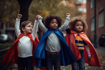 Little children play together in the park, dressed in colorful superhero costumes.