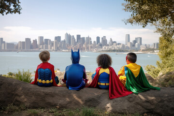 A team of superhero kids sit and look at their favorite city.