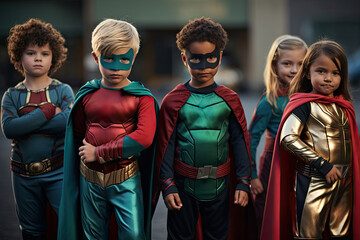 A diverse group of children, boys and girls dressed up as superheroes, play together outdoors.