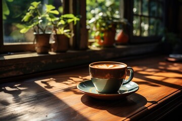 Morning cup of steaming hot coffee on a wooden table by window in kitchen