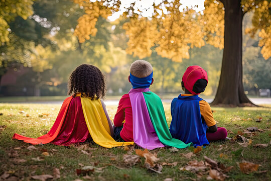 Children dressed as superheroes play together in the park during the colorful fall season, depicting the essence of childhood, friendship and imaginative play.
