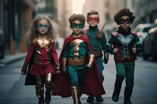 A Group Of Fun And Diverse Kids, Boys And Girls Dressed Up As Superheroes, Playing Together Outdoors.