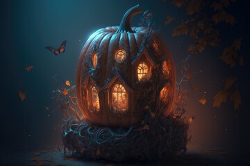 Halloween scary background with pumpkins, candles. Mystery dark composition.