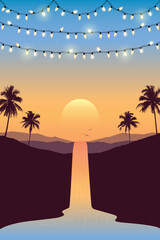 tropical waterfall landscape with palm tree river and mountain view at sunset vector illustration EPS10