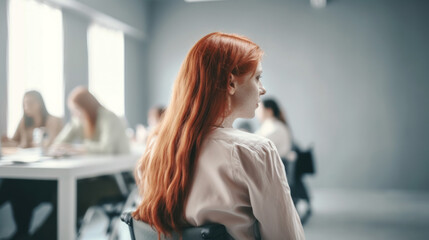 Fototapeta na wymiar Rear view of a red hair woman in a wheelchair posing among colleagues. Generative AI