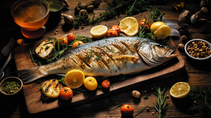 Delicious Oven Cooked Marinated SeaBass with garnish. Appetizing marinated sea bass with accompaniment presented on a wooden board. Generative Ai