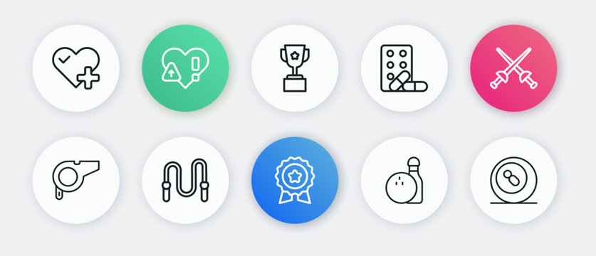 Set line Medal with star, Fencing, Whistle, Bowling pin and ball, Sports doping dumbbell, Award cup, Billiard pool snooker and Jump rope icon. Vector