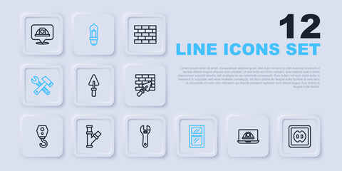 Set line Worker safety helmet, Electrical outlet, Trowel, Window in room, Hammer and wrench spanner, Industry metallic pipe, Light bulb and Adjustable icon. Vector