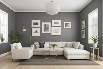 Fototapeta na wymiar Hampton style living room interior, wall mockup, 3d render