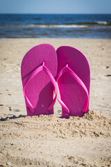 Fototapeta na wymiar Flip flop on beach. Accessories for relax on sand. Summer vacation