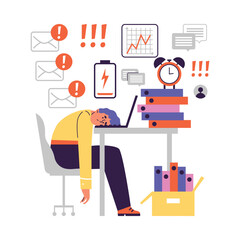 Burned out workaholic laying his head on table, flat vector illustration isolated on white background.