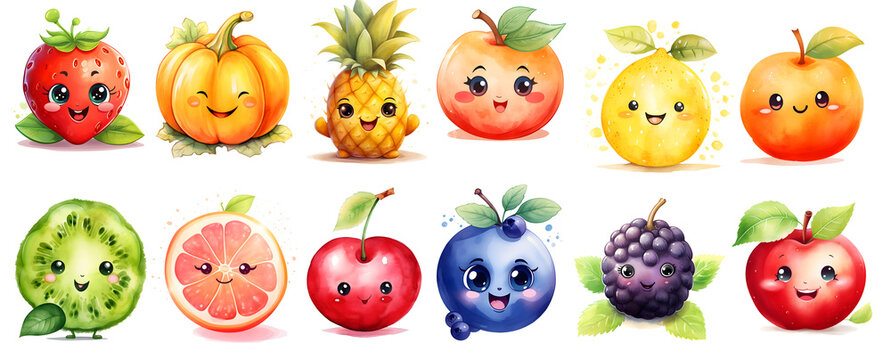 Little fruits and quotes. Happy phrases for stickers poster apple  strawberry peach banana orange watermelon pomegranate lemon cherry Kids  illustrations Cutie frutti collection Stock Vector