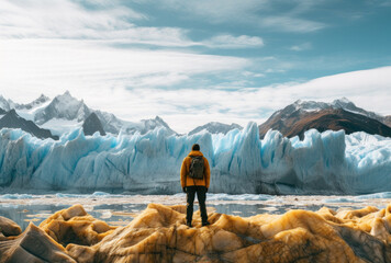 Hiker standing on rock, looking at big ice glacier - obrazy, fototapety, plakaty