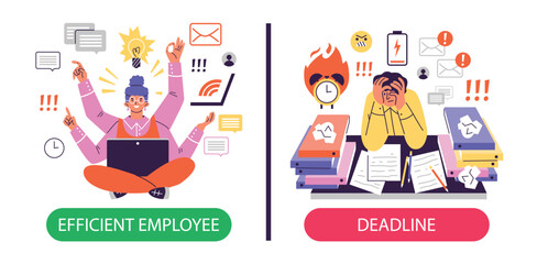 Smiling woman efficient employee with many hands and exhausted man with burning deadlines