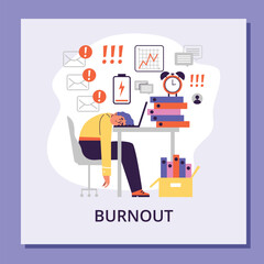 Burnout concept poster, tired employee lying his head on laptop, flat vector illustration.