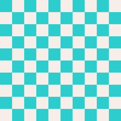 Groovy checkered seamless pattern, vintage aesthetic background, checkerboard texture. Funky hippie fashion textile print, retro blue and white square background with tile vector pattern 