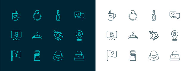 Set line Heart in speech bubble, Perfume, Diamond, Handbag, Hanger wardrobe, Champagne bottle, Coffee cup heart and engagement ring icon. Vector