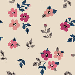 Seamless floral pattern, simple ditsy print with small flowers in cool colours. Cute botanical design with folk motif: tiny hand drawn flowers, leaves, floral decor on a light background. Vector.