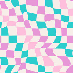Colorful distorted checkerboard background. Retro psychedelic checkered wallpaper. Wavy groovy chessboard surface. Trippy twisted geometric pattern. Abstract vector backdrop