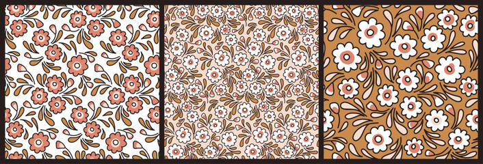 Seamless floral pattern, pretty ditsy print with folk motif in collection. Cute botanical design in autumn colors: small hand drawn flowers, tiny leaves, different background. Vector illustration. © Yulya i Kot