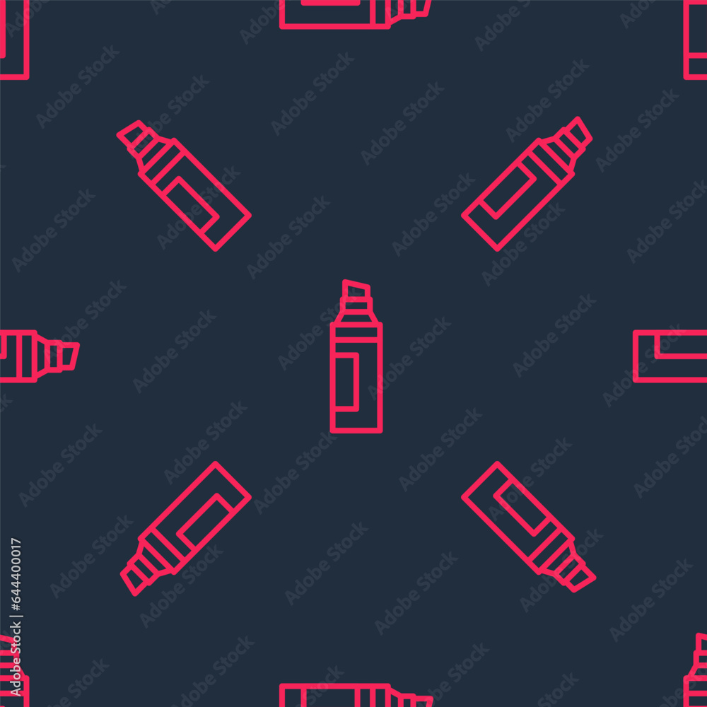 Poster red line marker pen icon isolated seamless pattern on black background. vector